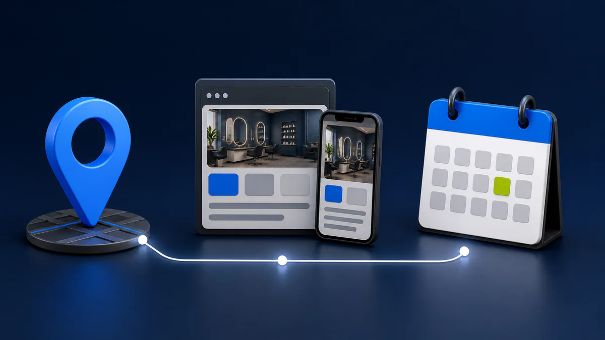 Fluxo visual entre localização, site responsivo e pedido de agendamento