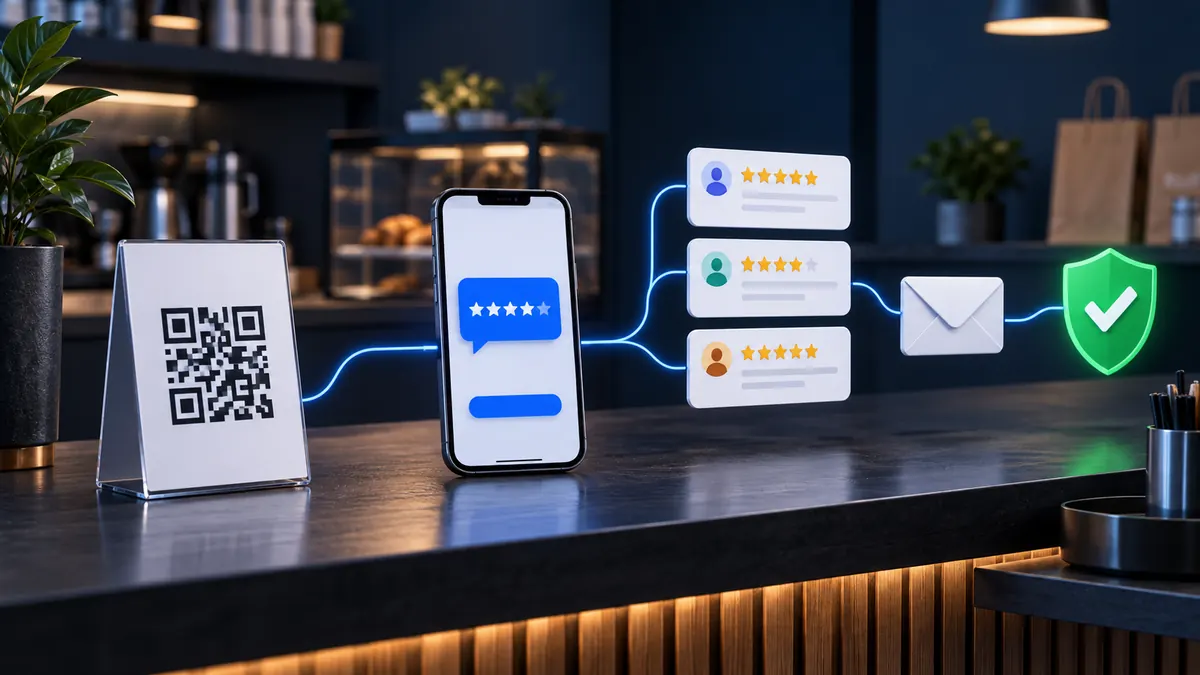 Processo legítimo de solicitação de avaliações com QR code, celular e feedback de clientes reais
