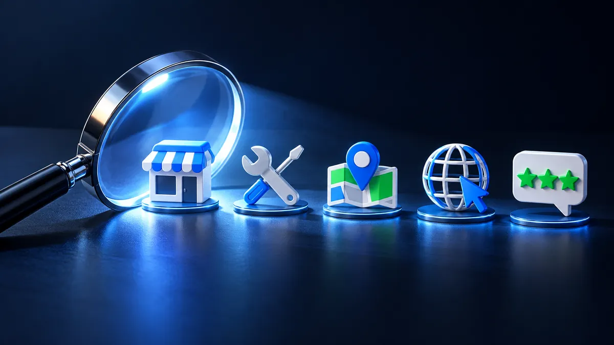 Lupa conectando categoria, serviços, localização e perfil de empresa