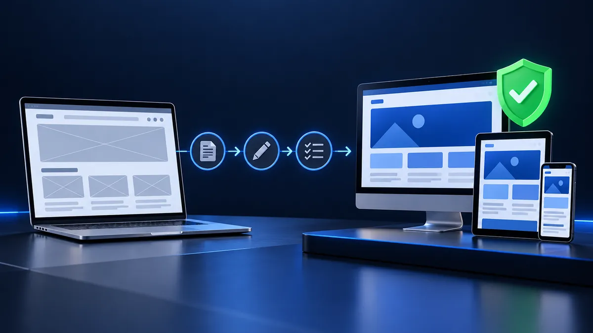 Fluxo visual do wireframe à validação responsiva de um site em desktop, tablet e celular