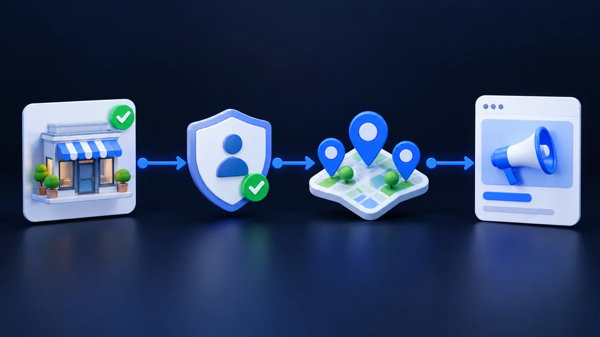 Fluxo visual entre Perfil da Empresa, autorização, locais e anúncio no Google Ads